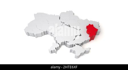 3D carta dell'Ucraina che mostra la regione di Donetsk in rosso. 3D rendering Foto Stock