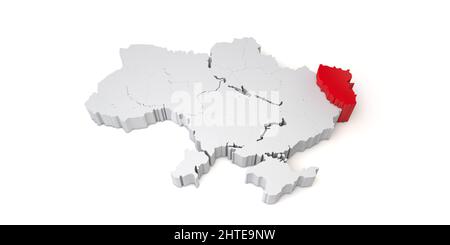 3D carta dell'Ucraina che mostra la regione di Luhansk in rosso. 3D rendering Foto Stock