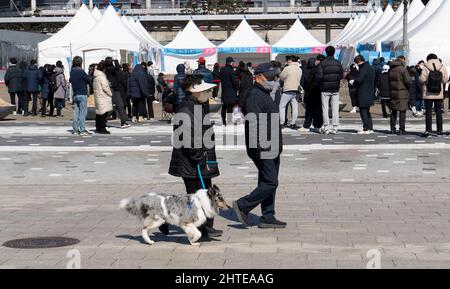 Seul, Corea del Sud. 27th Feb 2022. La popolazione sudcoreana attende i test COVID-19 in un sito di test improvvisato a Seoul, Corea del Sud, 27 febbraio 2022. La Corea del Sud ha segnalato 139.626 altri casi COVID-19 a partire dalla mezzanotte di domenica, aumentando il numero totale di infezioni a 3.134.456, le autorità sanitarie ha detto Lunedi. (Foto di Lee Young-ho/Sipa USA) Credit: Sipa USA/Alamy Live News Foto Stock