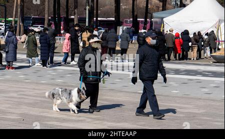 Seul, Corea del Sud. 27th Feb 2022. La popolazione sudcoreana attende i test COVID-19 in un sito di test improvvisato a Seoul, Corea del Sud, 27 febbraio 2022. La Corea del Sud ha segnalato 139.626 altri casi COVID-19 a partire dalla mezzanotte di domenica, aumentando il numero totale di infezioni a 3.134.456, le autorità sanitarie ha detto Lunedi. (Foto di Lee Young-ho/Sipa USA) Credit: Sipa USA/Alamy Live News Foto Stock