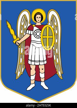 Stemma dell'icona di Kyiv sullo scudo. Schermo blu separato su bianco. Icona tradizionale, simbolo, -SupplementalCategories+=immagini Illustrazione Vettoriale