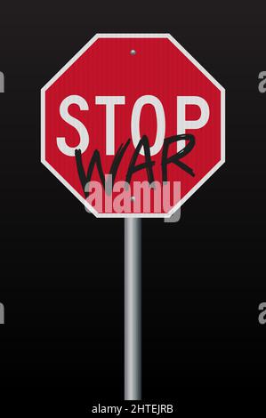Illustrazione vettoriale del cartello rosso Stop Road con la parola guerra in nero Illustrazione Vettoriale
