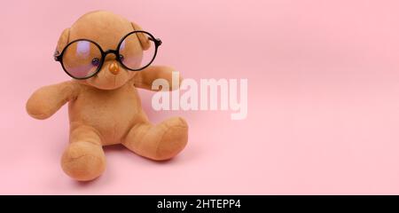 Orsacchiotto in occhiali su sfondo rosa, banner Foto Stock