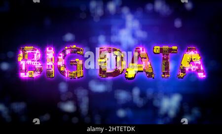 Big Data illuminazione rosa - giallo neon testo in stile cyberpunk - industriale 3D illustrazione Foto Stock