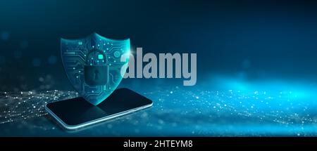 Proteggi con l'icona del lucchetto sullo smartphone con sfondo astratto. Blocco attacchi informatici, dati informatici e informazioni sulla privacy. 3D rendering. Foto Stock