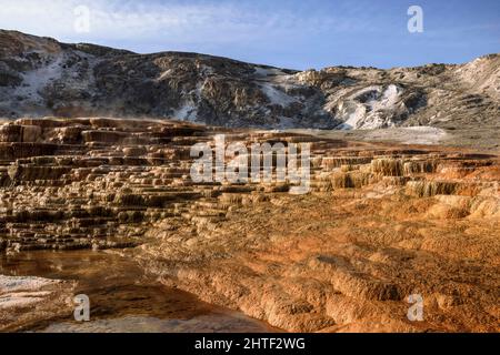 Formazioni presso le sorgenti termali di Mammoth nel parco nazionale di Yellowstone. Foto Stock