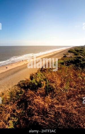 Vista a sud da Dunwich Heath verso la spiaggia vicino Sizewell. Suffolk, Inghilterra, Regno Unito Foto Stock