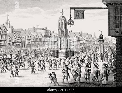 La processione di Marie de Medici lungo Cheapside, Londra, Inghilterra, 1638 Foto Stock