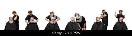 Set di ritratti di giovane barbiere maschio con testa rossa che fanno capelli creativi per l'uomo anziano con bearded grigio. Concetto di stile, moda, bellezza, cambiamenti e. Foto Stock