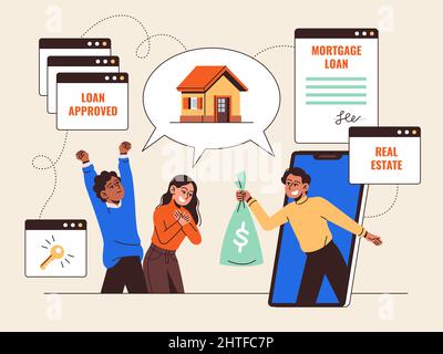 Servizio di credito ipotecario. Il responsabile della banca ha approvato il prestito per comprare la casa, la famiglia felice, il videomessaggio in linea, la coppia che compra la sede, il banner di applicazione di banca Illustrazione Vettoriale