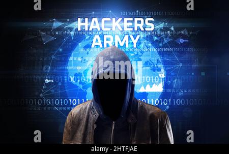 Hacker senza volto al lavoro, concetto di sicurezza Foto Stock