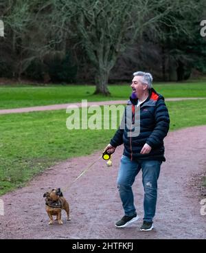 12 febbraio 2022. Torvean Park, Inverness, Highlands, Scozia. Questo è un uomo con una barba viola tinta che cammina il suo cane nel parco pubblico. Foto Stock