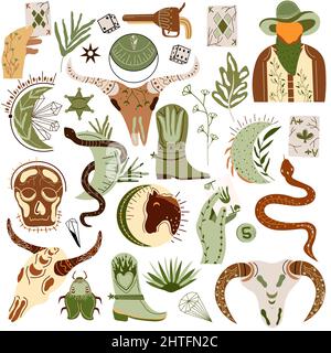 Collezione Wild West. Cranio, sceriffo, cranio di bufala, cactus, serpente, carta, stivale cowboy, pistola, luna, sole. Più in là, il vecchio ovest. Illustrazione vettoriale. Illustrazione Vettoriale