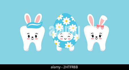 Denti di Pasqua coniglio coniglietto e uovo dentale icona set isolato. Illustrazione Vettoriale