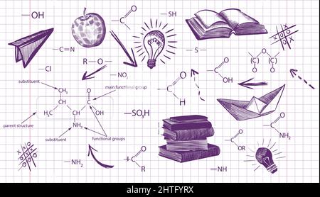 Disegno a mano libera degli articoli della scuola su un foglio del libro di esercitazione. Torna a scuola. Illustrazione vettoriale. Imposta Illustrazione Vettoriale