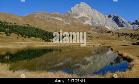 Vista da un laghetto in un campo ai piedi delle Dolomiti Foto Stock