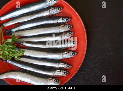 Dieci acciughe crude foderate sul piatto rosso sullo sfondo nero del piano della cucina con spazio libero per la copia