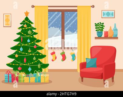 Interni accoglienti con albero di Natale. Soggiorno decorato di Capodanno. Illustrazione vettoriale Illustrazione Vettoriale
