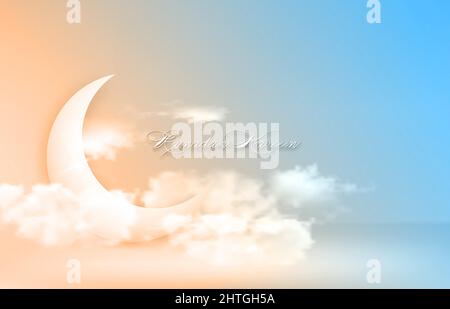 Luna di Crescent arabo simbolo islamico Ramadan Kareem nel cielo concetto per la comunità musulmana festival. Illustrazione vettoriale del modello di banner su cielo blu Illustrazione Vettoriale