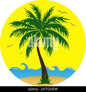 Albero di palma con onde blu sullo sfondo rotondo e soleggiato. Illustrazione vettoriale EPS 10. Illustrazione Vettoriale