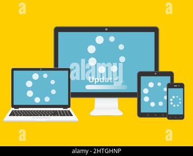 Computer, notebook, tablet, smartphone con processo di caricamento degli aggiornamenti sullo schermo Illustrazione Vettoriale