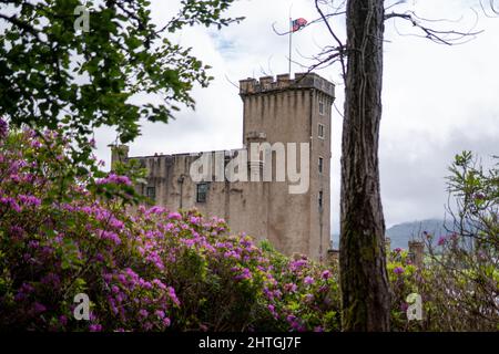 Lo storico castello di Dunvegan, sede dei Clan scozzesi di McLeod, Dunvegan nell'isola di Skye, Scozia Foto Stock