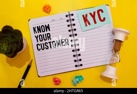 KYC - Acronimo di Know Your Customer Acronym, su blocco note e accessori per ufficio su una scrivania gialla Foto Stock