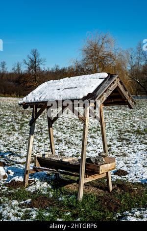 Alimentatore per animali selvatici coperti di neve sul prato in giornata di sole. Foto Stock