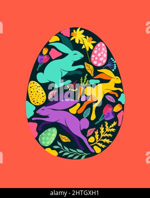 Uovo di pasqua colorato e luminoso decorato con fiori e piante floreali, conigli e uova di pasqua. Illustrazione vettoriale. Illustrazione Vettoriale