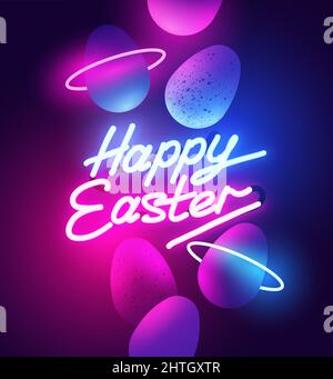 Un luminoso segno neon retrò con felice testo pasquale e uova di cioccolato. Illustrazione vettoriale. Illustrazione Vettoriale