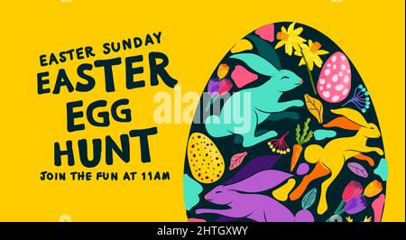 Giallo Happy easter uovo di caccia layout con un uovo di pasqua decorato. Illustrazione vettoriale. Illustrazione Vettoriale