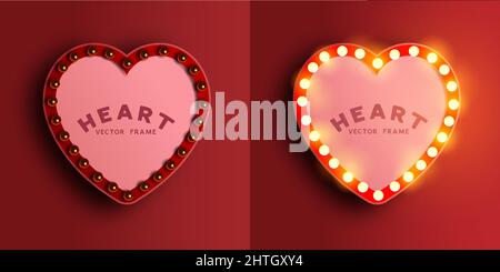 Una cornice luminosa a forma di cuore d'amore con spazio per un messaggio. Spie di accensione e spegnimento. Illustrazione vettoriale Illustrazione Vettoriale