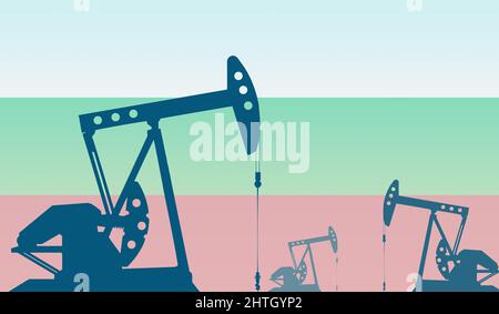 Silhouette della pompa dell'olio contro la bandiera della Bulgaria. Petrolio greggio e gas di grado di estrazione. Concetto di giacimenti petroliferi e società petrolifere, mercato degli idrocarburi, Foto Stock