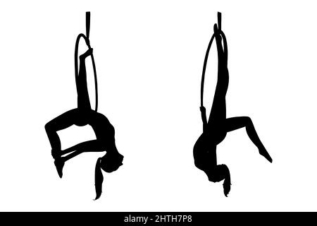 Profilo da ginnastica femminile in cerchio. Acrobazie di ginnastica aerea. Illustrazione vettoriale isolata su sfondo bianco Illustrazione Vettoriale