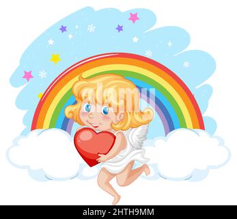 Angel ragazza che tiene rosso il cuore su arcobaleno sfondo illustrazione Illustrazione Vettoriale