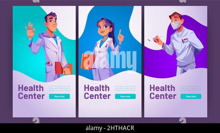 Health Center annunci medici banner web, servizio di consulenza online. Medico waving mano invito in ospedale Medicina online appuntamento clinica, sfondo cartoon, Vector app mobile on-screen pagine Illustrazione Vettoriale