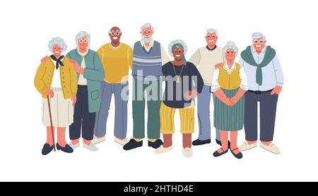 Diverse persone anziane huddle, sorridenti e in piedi insieme.illustrazione Vector Illustrazione Vettoriale