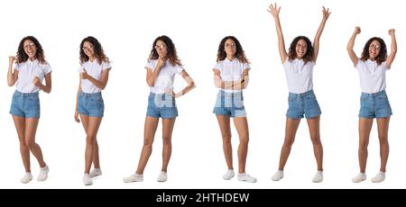 Set di ritratti casual donna. Capelli ricci, bicchieri. Emozioni diverse. Isolato su sfondo bianco Foto Stock