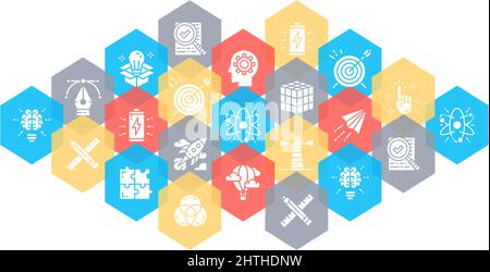 Banner delle icone della linea creativa. Innovazione, startup, grafica, progetto, idea concept set icona. Illustrazione del vettore piatto. Illustrazione Vettoriale