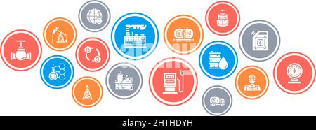 Banner con illustrazione del concetto dell'industria petrolifera. FUEL Truck, Engineer, Gasoline, Cargo Ship Vector banner per pagina web. Illustrazione Vettoriale