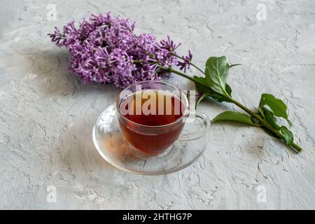 Ora del tè. Tè nero in tazza trasparente con piattino e ramo di lilla su tavola grigia. Foto Stock