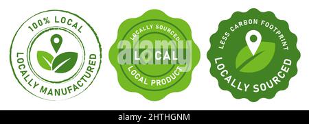 Prodotto locale prodotto localmente icona marchio disegno emblema di impronta di carbonio meno foglia e puntatore design in verde Illustrazione Vettoriale