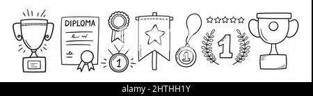 Premi, coppe trofei, medaglie al primo posto e set di diplomi. Medaglia d'oro Doodle e coppa di trofei campione. Icone decorative disegnate a mano. Vettore Illustrazione Vettoriale