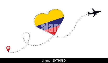 Volo in aereo con bandiera della Colombia all'interno del cuore. Illustrazione Vettoriale