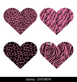 Cuori con stampa animale. Illustrazione del vettore metallico rosa Illustrazione Vettoriale
