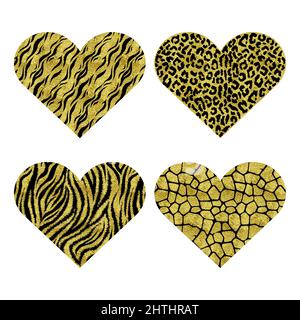 Cuori con stampa animale. Illustrazione vettoriale in metallo dorato Illustrazione Vettoriale