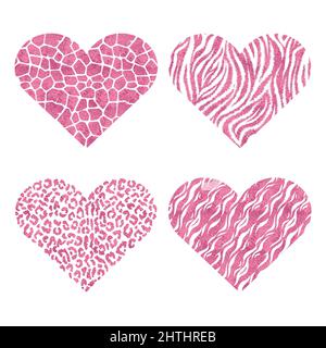 Cuori con stampa animale. Illustrazione del vettore metallico rosa Illustrazione Vettoriale