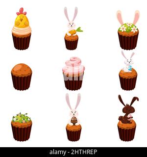 Set di dolci pasquali uova, cupcake, uccello, coniglietto, caramelle, torta. Collezione di cibi dolci, coniglio al cioccolato Illustrazione Vettoriale