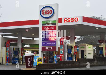 Brighton UK 1st Marzo 2022 - Prezzi elevati di carburante presso un distributore di benzina esso a Brighton come il prezzo del petrolio è ancora in aumento in tutto il mondo e l'invasione russa dell'Ucraina continua : Credit Simon Dack / Alamy Live News Foto Stock