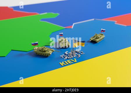 Guerra in Ucraina. Esercito russo e carri armati che attaccano la città di Kiev in Ucraina. Escalation dei conflitti. 3D rendering. Foto Stock